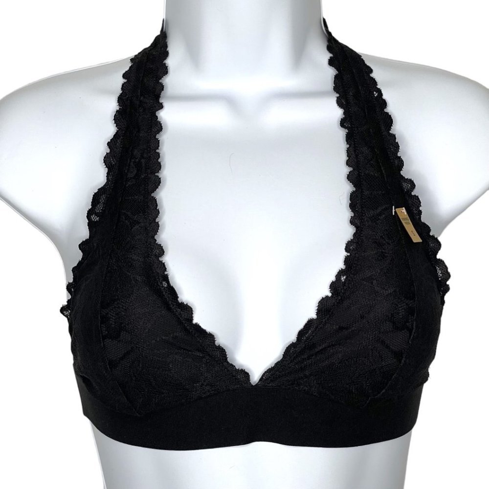 PINK Victoria's Secret Black Lace Crisscross Strap Halter Bralette NWT